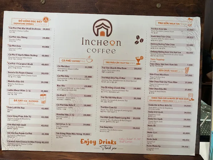 Menu Incheon Coffee Đà Nẵng