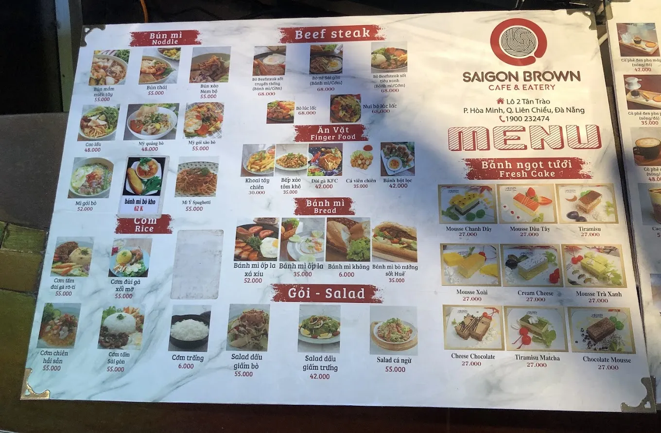 Menu đồ ăn Saigon Brown Coffee