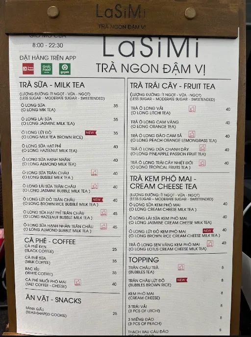 Menu Trà sữa ô long LaSiMi Đà Nẵng mới nhất